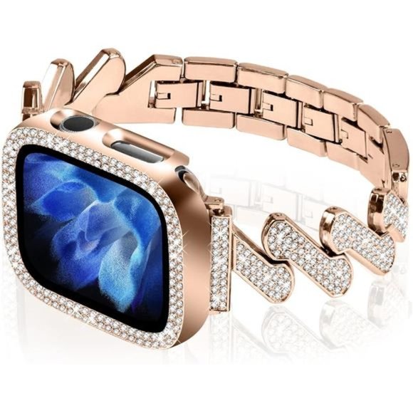 NEW Rose Gold Rhinestone Diamond Apple Watch Band + Case - Picture 1 of 3